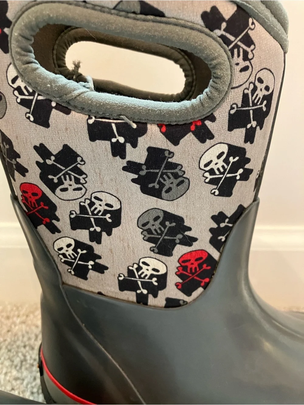 Bogs Kids Grey Skull Rain Boots with Red Accents